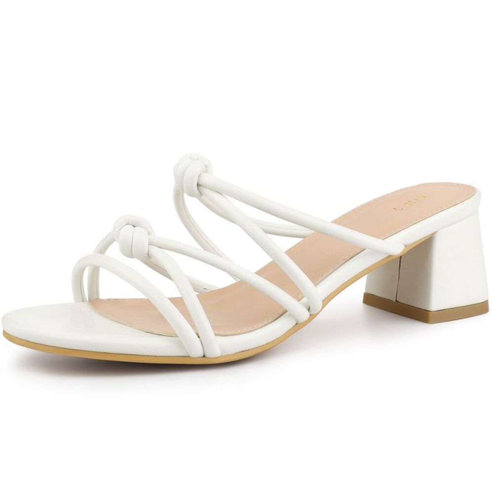 Strappy Heeled Knotted Slingback Block Heel Slide Sandals for Women, White